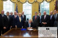 U.S. President Donald Trump, flanked in the White House on March 24, 2017 by pipeline supporters, including TransCanada chief executive Russ Girling, announces he has approved the Keystone XL pipeline. Twitter photo posted by Trump