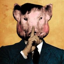 man with pig's head signalling 'shhh" Art by Nick Roney