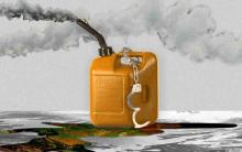 Gas container and handcuffs image - Communities are now demanding the oil conglomerates pay damages and take urgent action to reduce further harm from burning fossil fuels. Illustration: Guardian Design/Getty Images