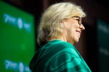 Green Party of Canada Leader Elizabeth May speaks to reporters on Parliament Hill on May 10, 2019. Photo by Kamara Morozuk