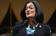 Rep. Pramila Jayapal speaks as members of Congress share their recollections on the first anniversary of the attack on the U.S. Capitol on January 6, 2022, in the Cannon House Office Building in Washington, D.C. MANDEL NGAN-POOL / GETTY IMAGES
