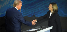 Former president Donald Trump and Vice President Kamala Harris shake hands before a presidential debate in Philadelphia, on September 10, 2024. Saul Loeb / AFP via Getty Images.