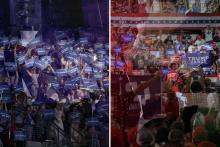 Supporters of Vice President Kamala Harris pictured at a campaign event in Atlanta, Georgia, on July 30, 2024, on the left; supporters of former President Donald Trump at a campaign event in Harrisburg, Pennsylvania, on July 31, 2024, on the right. Tom Brenner / Washington Post / Megan Varner / Getty Images / Truthout