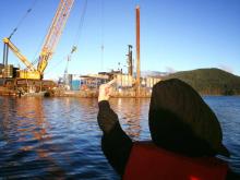 Xenoa Skinteh indicated his displeasure with the barge in Burrard Inlet before direct action took place today.