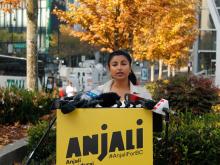 Anjali Appadurai challenged the NDP’s decision to bar her from the leadership race Wednesday. Photo for The Tyee by Zak Vescera.