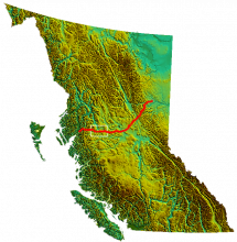 Coastal GasLink route. Wetʼsuwetʼen territory is in the white square
