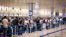 Passengers at the departure hall at Ben Gurion International airport, near Tel Aviv, September 18, 2025. (Chaim Goldberg/Flash90)