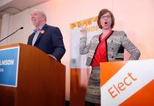 NDP candidate Sheila Malcolmson celebrates with Premier John Horgan after winning the byelection in Nanaimo, B.C., on Wednesday, January 30, 2019. Photo by The Canadian Press/Chad Hipolito