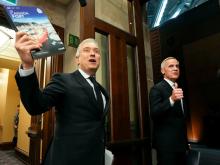 Prime Minister Mark Carney, right, and Finance Minister François-Philippe Champagne, left, make their way into the House of Commons for the tabling of the federal budget Tuesday. Photo by Justin Tang, the Canadian Press.