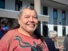 Wet’suwet’en Hereditary Chief Dsta’hyl stands outside the courthouse in Smithers, BC, prior to his trial last year. Dsta’hyl was convicted and sentenced to 60 days of house arrest. Photo for The Tyee by Amanda Follett Hosgood.