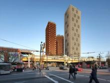 Bigger and even bigger: Approved transformation of a Commercial Drive hub adds storeys to this 2024 version, and goes far beyond a 2015 citizens’ plan. Artist rendering via Crombie REIT/Westbank Corp.