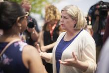 Andrea Horwath speaks to supporters during a campaign rally in 2022. (Geoff Robins/The Canadian Press)