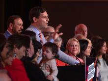 Premier David Eby’s speech at the NDP convention in Victoria Saturday was part of a successful campaign to maintain party support. Photo by Chad Hipolito, the Canadian Press.
