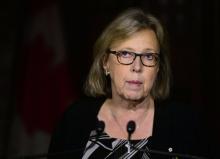 THE CANADIAN PRESS Green Party Leader Elizabeth May speaks to reporters on Parliament Hill on Oct. 15, 2018.