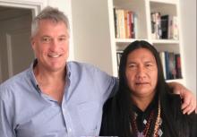 Attorney Steve Donziger with indigenous leader Manari Ushigua from the Sápara nation in the Amazon, which has been fighting incursions by oil companies. Manari visited to express solidarity with Donziger during his house arrest. Steve Donziger / Twitter