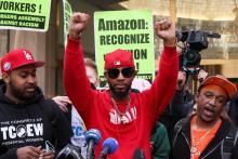 Amazon Labour Union (ALU) organiser Christian Smalls reacts as ALU members celebrate official victory after hearing results regarding the vote to unionize, outside the NLRB offices in Brooklyn, New York City, U.S., April 1, 2022