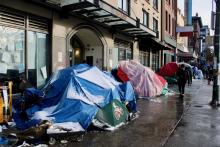The number of tents on E. Hastings Street often impedes access to doorways and the sidewalk, leading to conflict in the neighbourhood. Photo for The Tyee by Jen St. Denis.