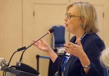 Elizabeth May begs the National Energy Board not to recommend approval of the Kinder Morgan Trans Mountain expansion during the hearings in Burnaby, B.C. on Thurs. Jan. 21, 2016. Photo by Elizabeth McSheffrey.