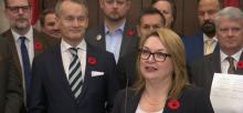 Canadian Labour Congress President Bea Bruske at Thursday's press conference announcing the anti-scab legislation. Credit: CPAC