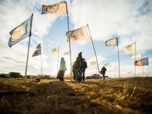 Flags fly at the Oceti Sakowin Camp in 2016, near Cannonball, North Dakota.  LUCAS ZHAO / CC BY-NC 2.0