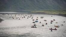 A flotilla of canoes make their way down the Peace River near Fort St. John, B.C. during the 10th Annual Paddle for the Peace to protest the Site C Dam project. (John Lehmann/The Globe and Mail)