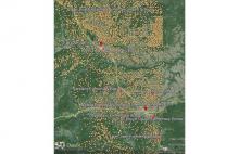 Yellow dots are wells; red dots are schools in the Dawson Creek/Fort St. John area.
