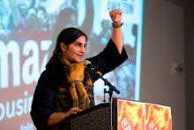 Seattle City councilmember Kshama Sawant addresses supporters during her inauguration and "Tax Amazon 2020 Kickoff" event in Seattle, Washington on January 13, 2020. (Jason Redmond / AFP via Getty Images)