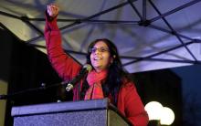 Seattle City Council member Kshama Sawant speaking during an International Women's Day rally in Seattle on March 8, 2017. (Photo by Jason Redmond / AFP via Getty Images)
