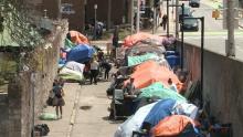 People living in tents behind Hamilton city hall. Photo courtesy CHCH News/YouTube.