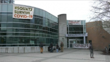 Homeless activists and their supporters occupied the recently closed North Surrey Recreation Centre for several hours Wednesday night to call attention to the danger the COVID-19 pandemic poses to people living on the streets or in insufficient housing. (CTV)