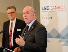Premier John Horgan in Kitimat announcing LNG Canada’s $40 billion investment in 2018. At the time, BC said fracked gas fit its climate action goals, but a new study doubles emissions estimates. Photo: BC government Flickr.