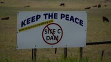A sign protesting the Site C proposal is pictured near Hudson's Hope, B.C., on July, 17, 2014. (JONATHAN HAYWARD/THE CANADIAN PRESS)