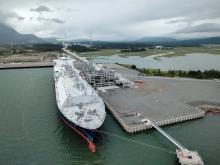 ‘Look West’ is mostly about doubling down as a petro-state through LNG and mining export projects in northern BC, writes Marc Lee. The photo shows an LNG tanker docked in Kitimat. Photo via LNG Canada.