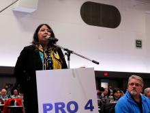 ‘We have to come to terms with the violence that the police have on our people,’ Marjorie Dumont, a BC Teachers’ Federation delegate and a Wet’suwet’en member, told BC Federation of Labour conference attendees on Tuesday. Photo for The Tyee by Zak Vescera.