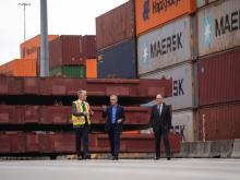 Prime Minister Mark Carney tours the DP World Centerm container terminal in Vancouver, during a period of intense trade threats from US President Donald Trump. Photo by Darryl Dyck, the Canadian Press.