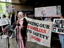 Nariman Ajjur, a Palestinian Canadian, speaks at a press conference Wednesday. Ajjur has been trying to bring family members who are living in Gaza to Canada for over a year. Photo for The Tyee by Jen St. Denis.