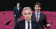 Former prime ministers Stephen Harper and Justin Trudeau, and current Prime Minister Mark Carney, have talked about using carbon capture and storage technology to help lower industrial emissions, including in the oilsands. Photo illustration: Shawn Parkinson / The Narwhal. Photos: Tom Hanson, Adrian Wyld and Christopher Katsarov Luna / The Canadian Press