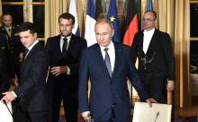 Dec. 9, 2019: From left: Ukraine President Volodymyr Zelensky, French President Emmanuel Macron and Russian President Vladimir Putin meeting in Paris for negotiations aimed at ending the war in the Donbass. (Kremlin.ru, CC BY 4.0, Wikimedia Commons)