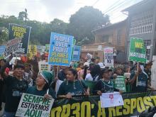 Indigenous protesters march outside the COP30 climate conference in Belém do Pará, Brazil on Nov. 17. Photo by Peter Gelderloos
