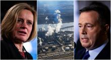 Left, file photo of Alberta Premier Rachel Notley by Alex Tétreault. Centre, photo of Alberta oilsands by Andrew S. Wright. Right, photo of United Conservative Party leader Jason Kenney by Alex Tétreault