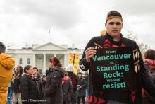Cedar George-Parker, 20, a youth activist from the Tulalip Indian Band and Tsleil-Waututh Nation in Coast Salish Territory in B.C. after marching in D.C March 10, 2017. Photo by Amanda Mason, courtesy of Greenpeace