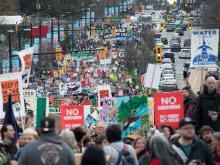 Thousands of people march during a protest against the Kinder Morgan Trans Mountain Pipeline expansion, in Vancouver, B.C., on Saturday November 19, 2016. DARRYL DYCK / THE CANADIAN PRESS