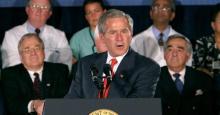 George W. Bush visits New Britain, Connecticut on June 12, 2003 to Pitch a Plan to Strengthen Medicare at New Britain General Hospital. (Photo: James Devaney/WireImage)