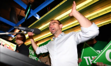 Adam Bandt addresses the crowd in Melbourne after the Greens achieved their best ever result in an Australian federal election. Photograph: James Ross/AAP