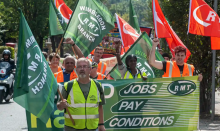 Striking RMT members in Wimbledon, south London, in August. Photograph: Guy Smallman/Getty Images