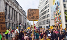 Just Stop Oil and Extinction Rebellion join Enough Is Enough protesters on a march through central London, 1 October. Photograph: Vuk Valcic/Sopa Images/Rex/Shutterstock