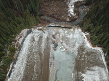 The Coastal GasLink pipeline crosses more than 700 watercourses on its 670-kilometre-route. The crossing of Ts'elkay Kwe (Lamprey Creek) involves blasting to clear a path and excavating a trench directly through the water. Photo: Gidimt'en Checkpoint