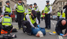 ‘Governments are introducing ever more draconian laws against environmental protest.’ Police officers arrest an Insulate Britain activist, Parliament Square, London, October 2022. Photograph: Vuk Valcic/SOPA Images/REX/Shutterstock