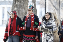 Wet'suwet'en hereditary chiefs Gisdaya and Na'Moks and other representatives from the nation attend RBC's annual shareholder meeting in Saskatoon on April 5, 2023. Photo by Katie Wilson