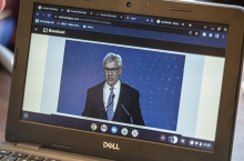 RBC CEO David McKay is broadcast on a laptop screen at the Royal Bank of Canada annual general meeting in Toronto on April 7, 2022. Photo by Christopher Katsarov/National Observer